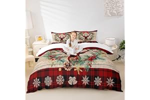 MANFEI Kids Christmas Deer Antler Duvet Cover Set Queen Size,Old Plank Barn Bedding Set,Girls Boys Adults Bedroom/Cottage Decor,Snow Bell Grid Comforter Cover,Rustic Farmhouse Quilt Cover,3pcs,2 Pillowcases