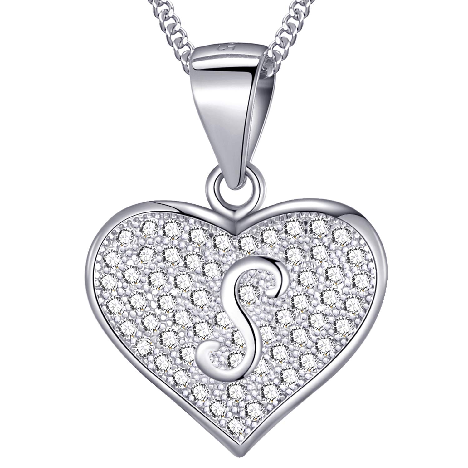 MASADA 925 Sterling Silver Heart Letter Necklace - Initial Pendant with Zircon Stones - Letter S - Personalised Alphabet, Teens & Girls - 46 cm - 18 inch Chain in Velvet Bag