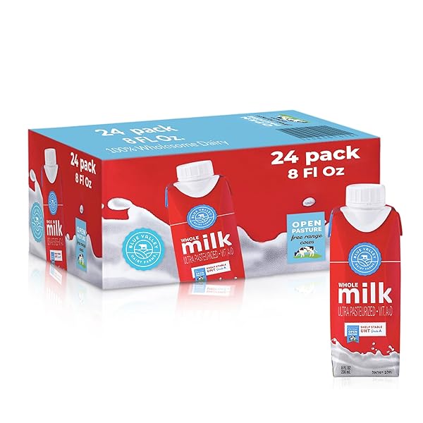 BLUE VALLEY SHELF STABLE WHOLE MILK BOXES WITH VITAMIN D – NO REFRIGERATION NEEDED 8 OZ SINGLES (24 PACK) KOSHER CHOLOV YISROEL, UHT PASTEURIZED TETRA PAK CARTON.