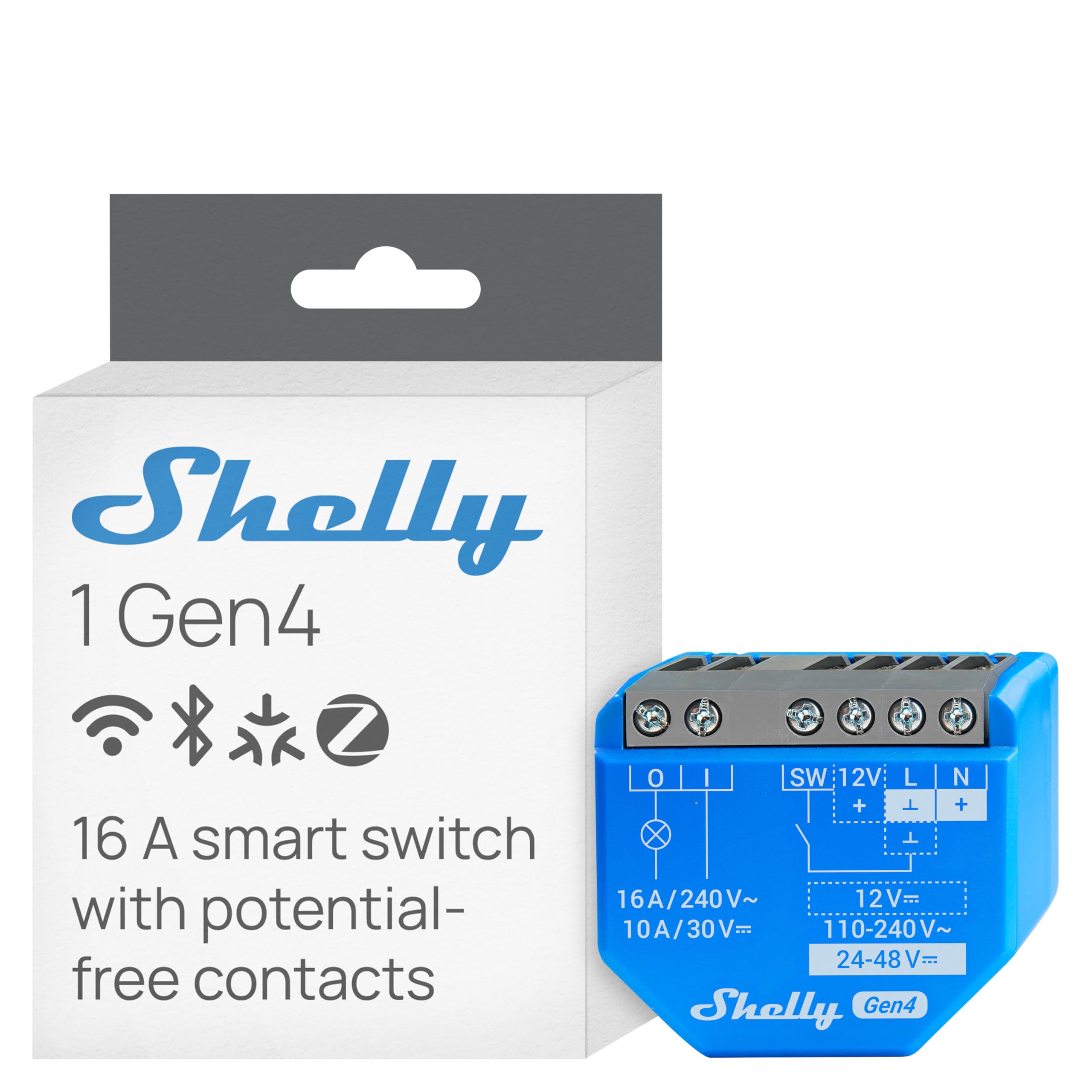 Shelly 1 Gen4 - WLAN Smart Relais Schalter, Potentialfreier Kontakt, 1 Kanal, 16A, Lichtschalter, Garagentoröffner, Smart Home, Zeitschaltuhr, Alexa & Google, Matter, Zigbee, Kein Hub Erforderlich