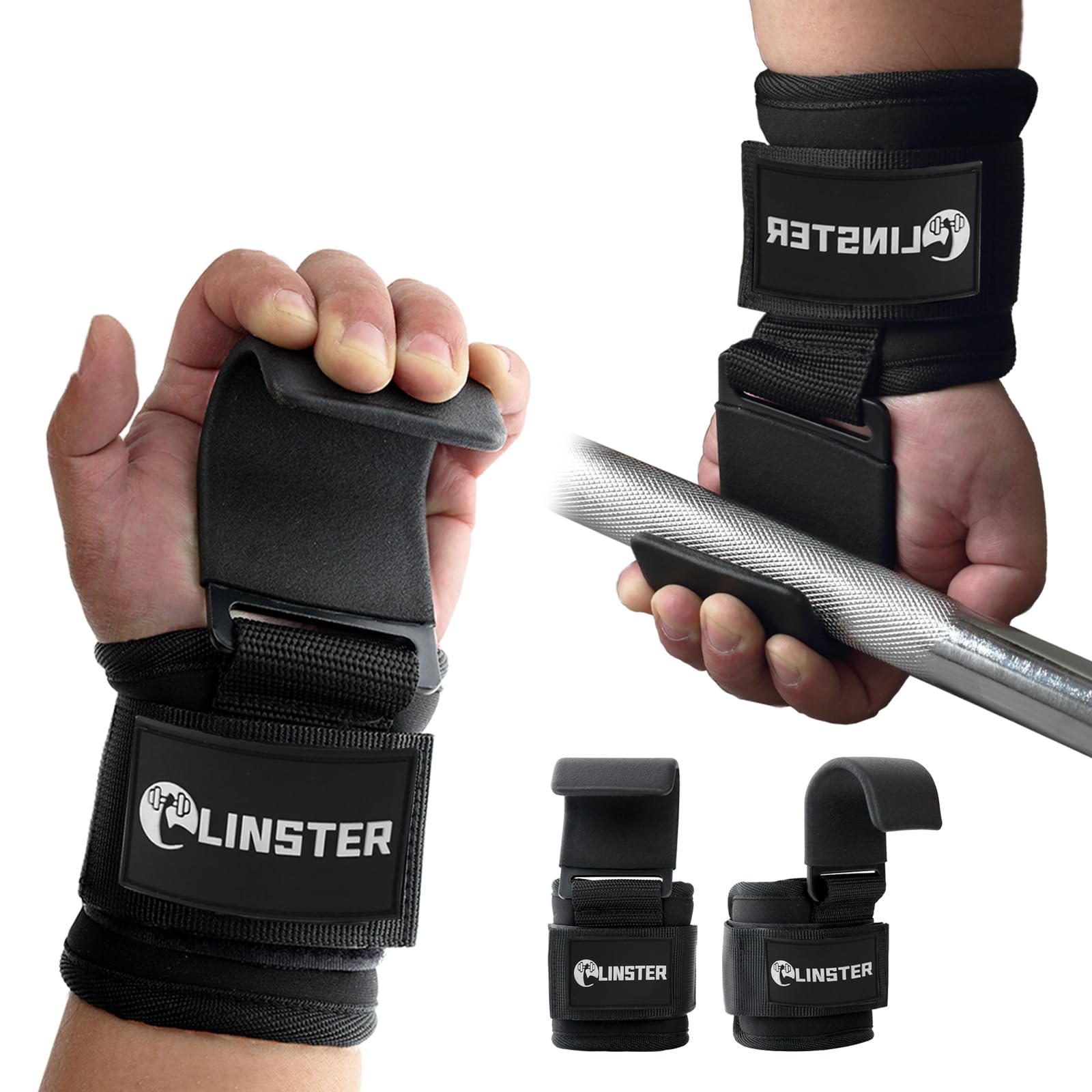 LINSTER Weight Lifting Hooks (Pair), Lifting Wrist Straps with 9cm Width Neoprene Padded, Hand Grip Support for Deadlift, Powerlifting and Pull Ups, Weightlifting Gym Gloves for Men and Women
