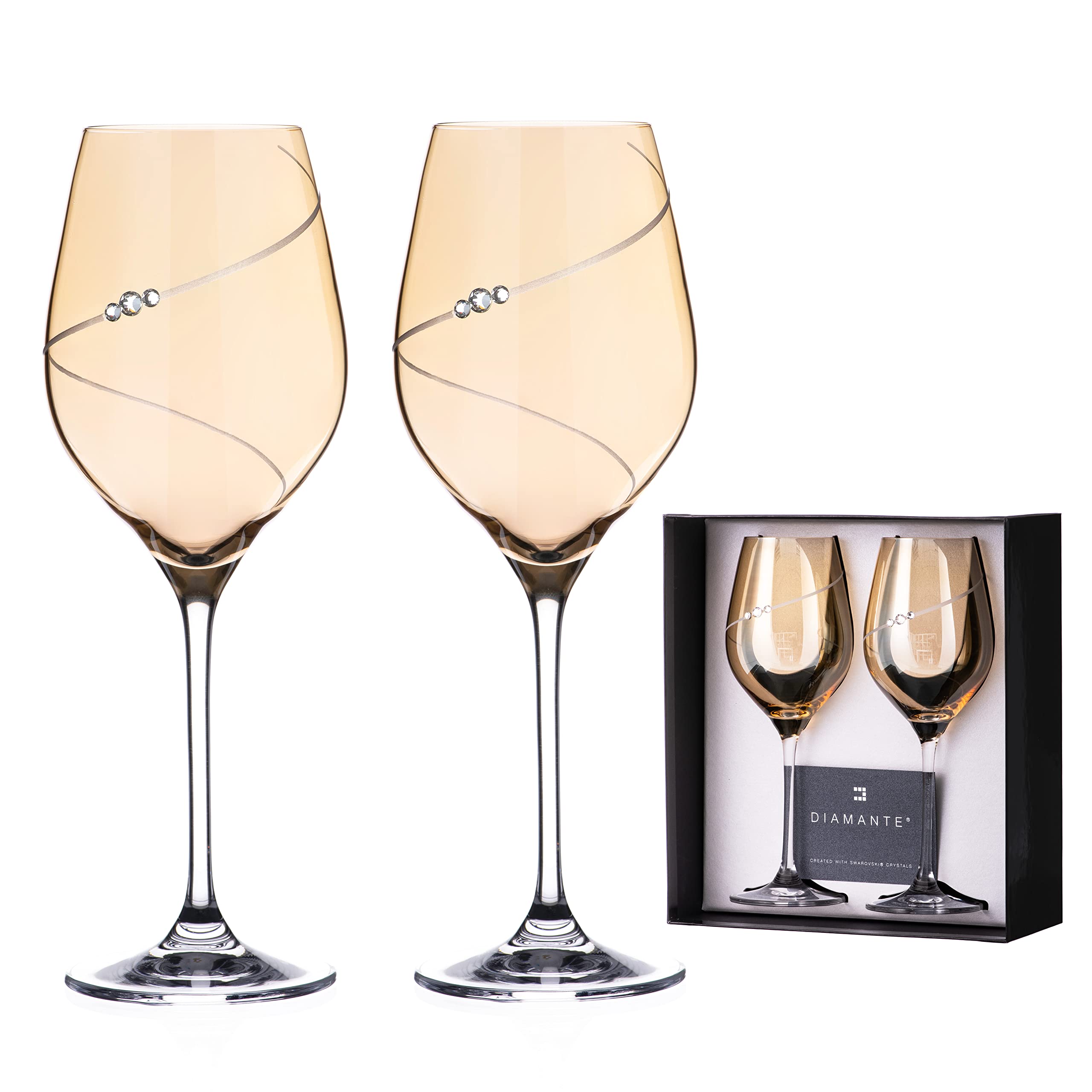 DIAMANTE Wine Glasses - 'Amber Lustre Silhouette' Collection - Amber Crystal Wine Glasses with Crystals - Set of 2