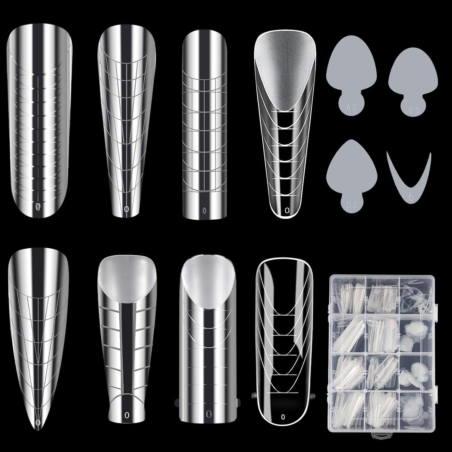 Dual Nail Forms for Poly Gel, 288 PCS Full Cover Dual Nail TipsSet Slip Solution for Acrylic Nails, 8 Type Nail Form 4 Styles 12 Sizes Nail Sticker Silicone for Manicure Extension