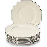 SILVER SPOONS Elegant Plastic Plates for Party with Scalloped Rim (10 PC), Disposable Heavy-Duty Dessert Plates for Wedding Reception - 6”, Fancy Plastic Dinnerware Sets with Silver Edge - Ivory