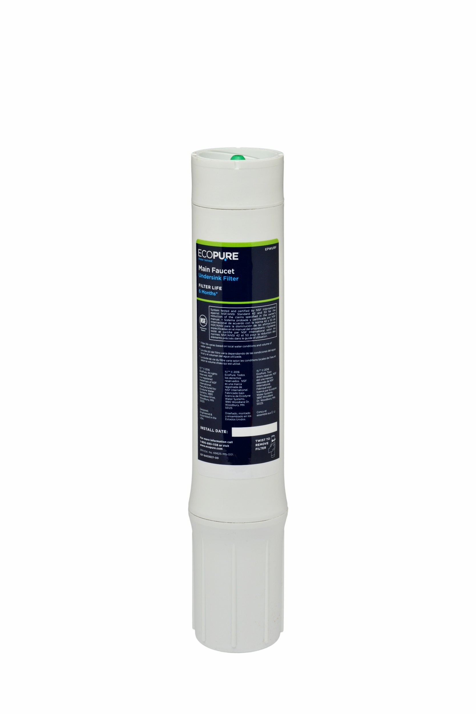 EcoPure Main Faucet Under Sink Replacement Water Filter (EPWURF) | NSF Certified | Fits EPWUFF System | 6-Month Filter Life, White