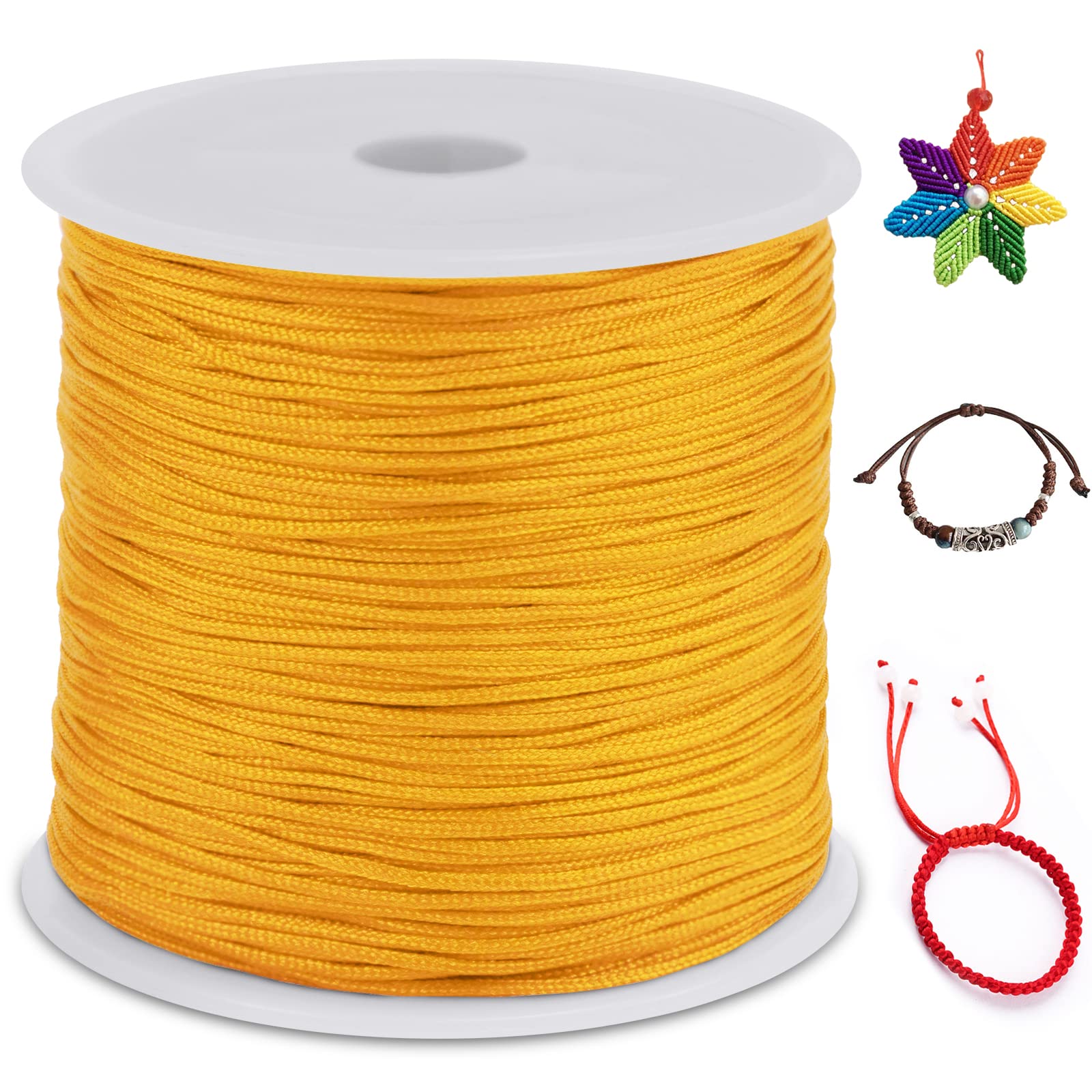 LEREATI Nylon Cord 0.8mm x 100m, Satin Cord Nylon String Macrame Cord, Coloured Beading Thread String for Making Bracelet, Necklace, Chinese Knot, Jewellery (Golden Yellow)