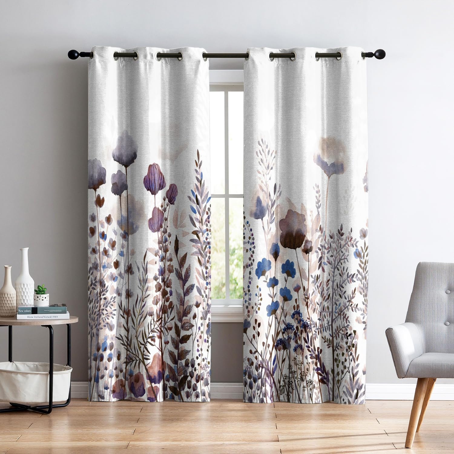 Photo 1 of Renaiss Wild Flowers Blackout Curtains, Pastel Botanical Floral Print Thermal Insulated Bedroom Window Curtains, Nature Plants Window Drapes for Living Room, 84" L x 42" W 2 Panel Set