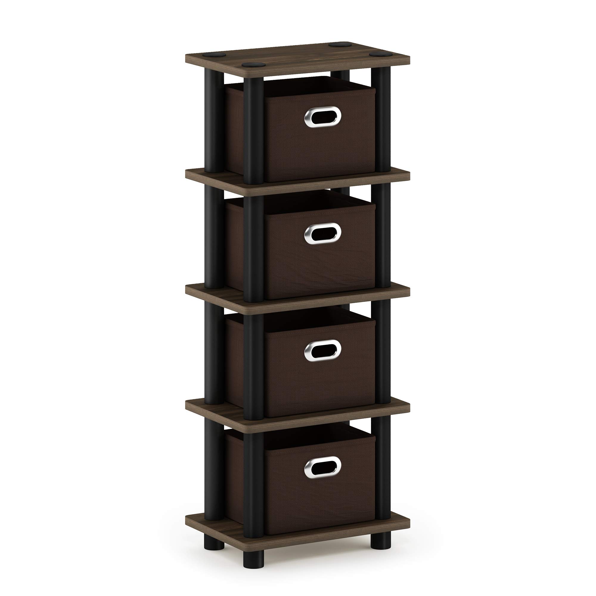 Furinno TURN-N-TUBE Storage Shelves, 4-Tier Toolless Narrow Book Shelf with Storage Bins, for Organization and Storage, Living Room, Garage, Home Office, Columbia Walnut
