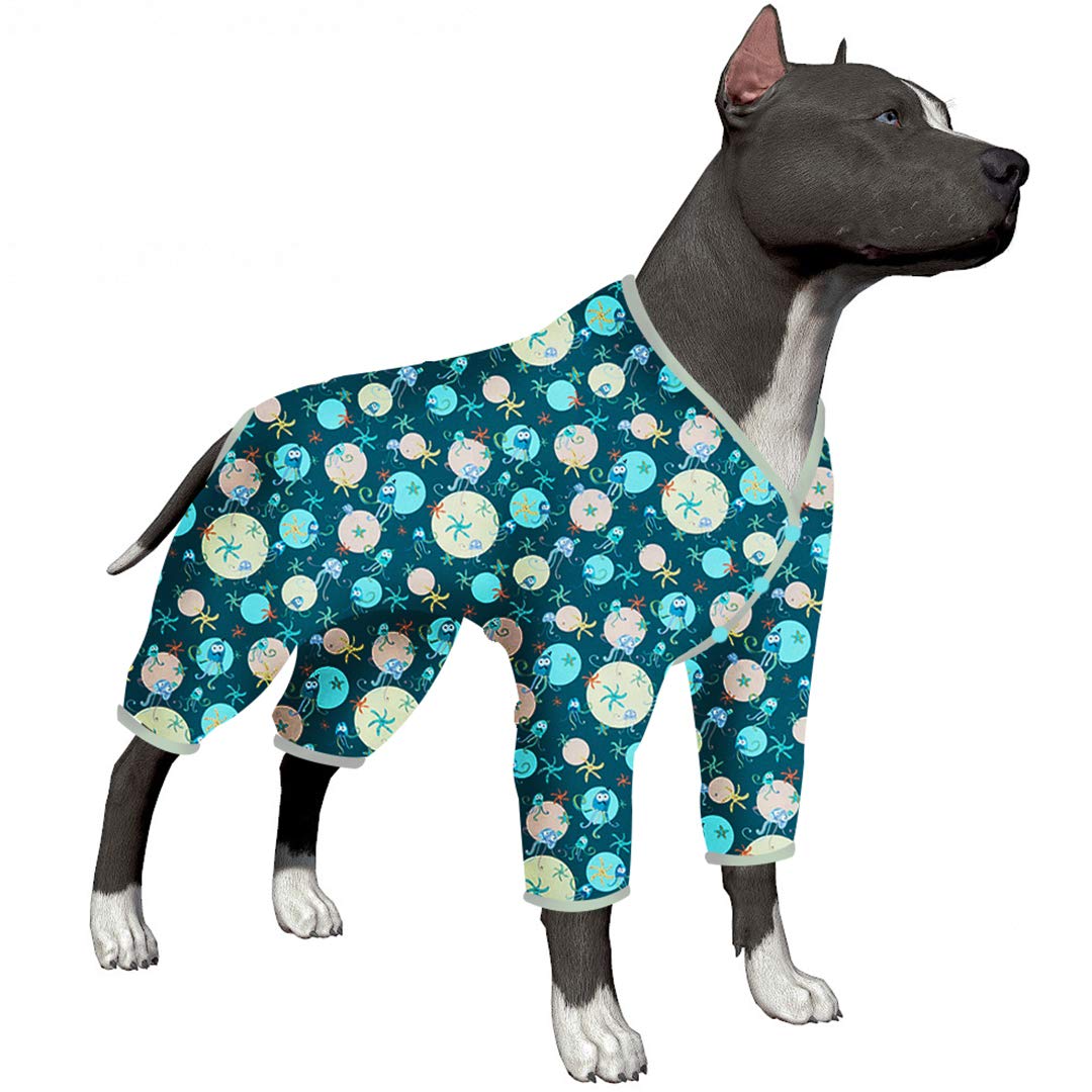 LovinPet Dog Pajamas For Women Big Dogs/Sea Buddies Jellyfish And Starfish Deep Ocean Prints/Lightweight Pullover Large Puppy Pajamas/Full Coverage Dog Pjs/Large Dog Jamammies M