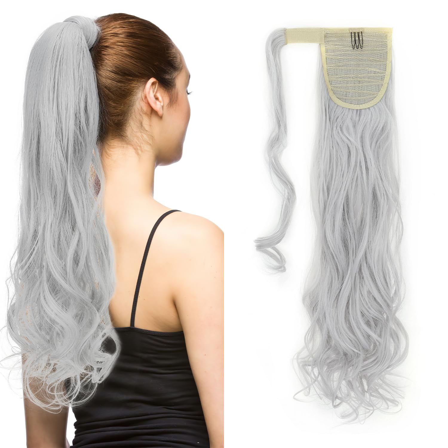 24" Long Curly Wavy Wrap Around Ponytail Clip in Hair Extensions One Piece Hairpiece Magic Tape in Pony Tail Extension for Women Silver Gray