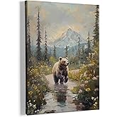 HIWX Bear Wall Decor, Rustic Wildflowers Woodland Mountain Wild Animal Framed Canvas Painting Wall Art Decor, Farmhouse Bear Wall Art Home Decoration for Home Bedroom Living Room, 11x14