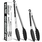 HOTEC Stainless Steel Kitchen Tongs with Silicone Tips, Set of 2-9" and 12" | 600&deg;F Heat-Resistant, Heavy-Duty, Non-Slip, Locking Food Tong for Cooking, Serving, Salad, BBQ, Air Fryer, Dishwasher-Safe