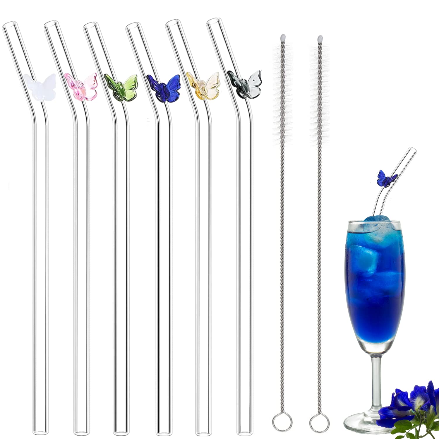 6 PCS Reusable Glass Straws,8mm Glass Straws Colorful Butterfly on Clear Straws Bent Drinking Straws with 2 Cleaning Brushes for Smoothies, Beverages, Shakes, Juices