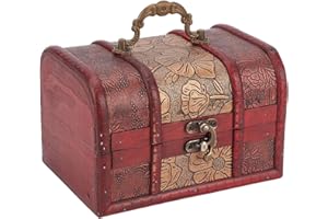 CALFOVERA 6.2 x 4.6 x 4.1 Inch Vintage Wooden Treasure Chest Jewelry Box Retro Embossed Pirate Keepsakes Box Flower Wood Smal