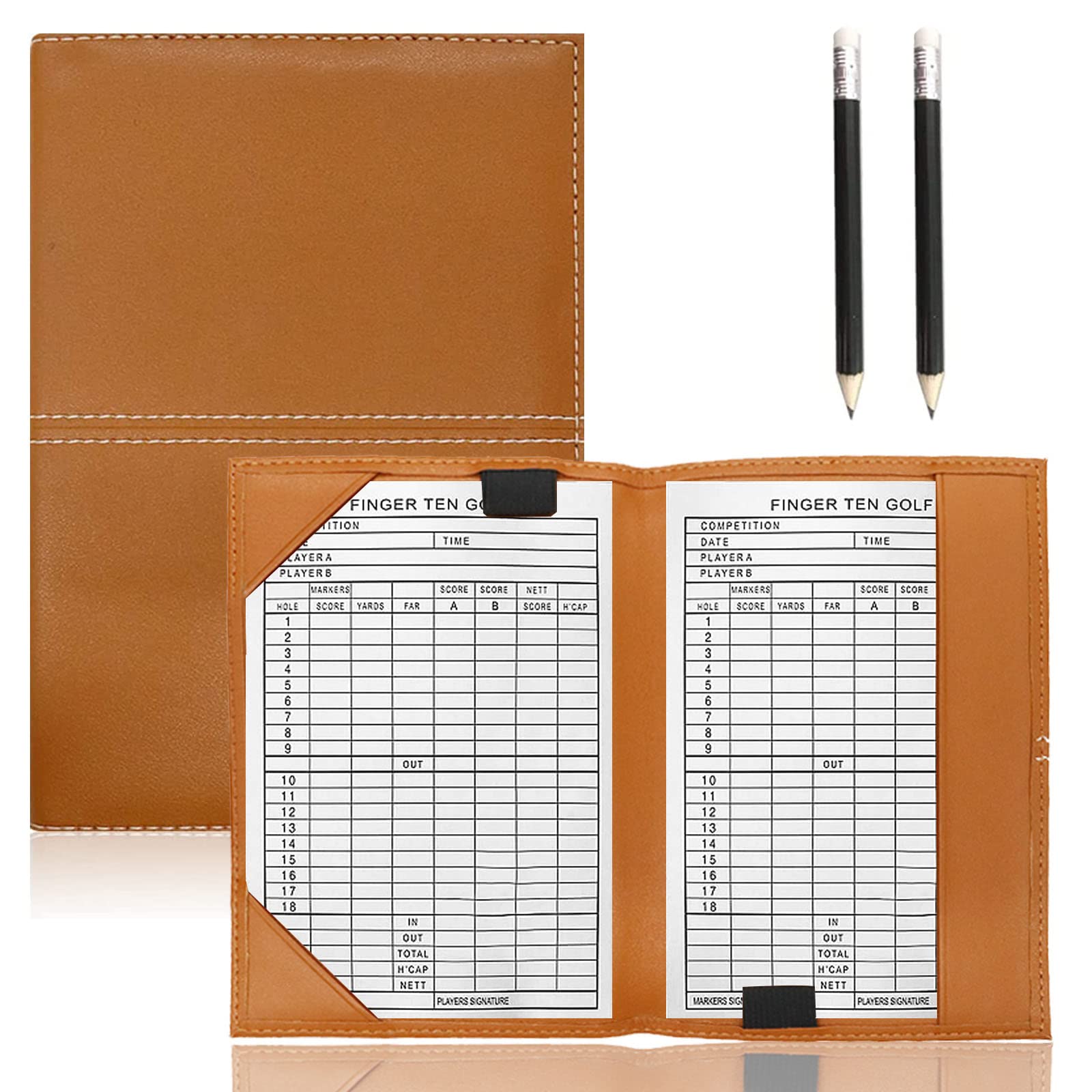 Golf Scorecard Holder Synthetic Leather with 2 Score Sheets and 2 Pencils Value Gift Pack, Golf Score Counter Book Yardage Organiser Soft Deluxe Genuine for Men Women Color Black Brown Navy (Brown)
