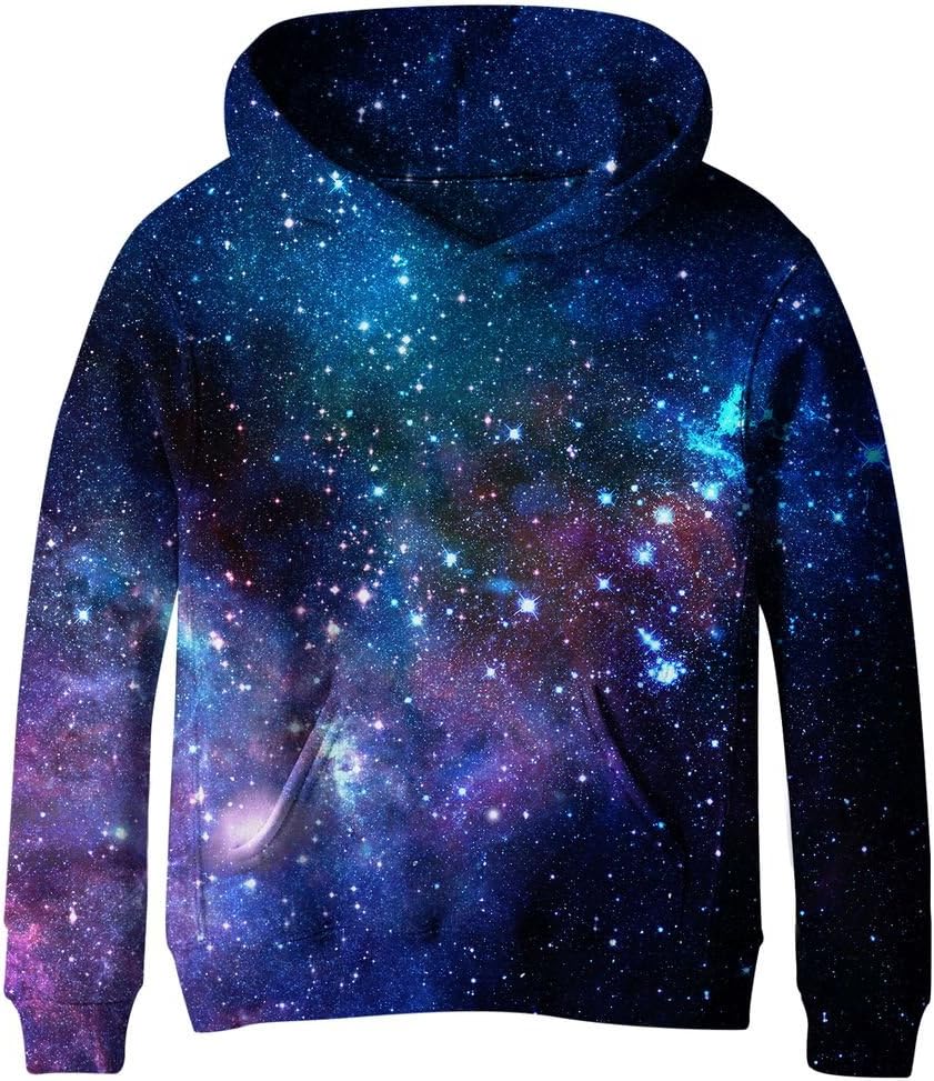 Euro Sky Big Girls Kids Blue Galaxy Pockets Sweatshirts Fleece Hooded Hoodies 4-16Y