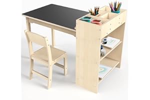 doowroodni Kids Art Table and Chair Set, Sturdy Beech Wood Study Desk for Children’s Drawing, Learning & Play - Multi-Functional Activity Table for Home,Toddler Desk with Storage and 1 Chair