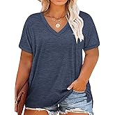 ROSRISS Plus-Size Tops for Women V Neck T Shirts Short Sleeve Side Split Tunics