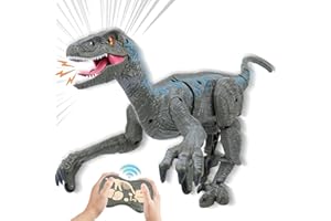 BOMPOW 18'' Remote Control Dinosaur Toys 2.4GHz Walking Rechargeable 3D Eyes Dinosaur Robot Toys for Kids RC Dinosaur Toys with Roaring Sounds Stomp Tail Movement Gift for Kids Boys Girls Ages 3-12 Gray