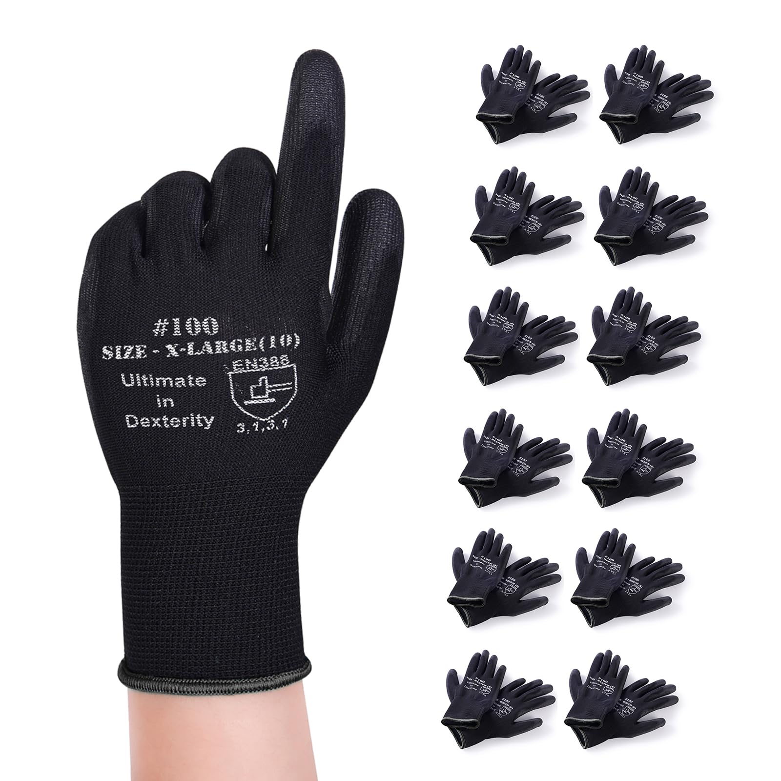 Donfri 12 Pairs PU Coated Safety Work Gardening Gloves Men High Performance EN388 Black Non-slip Protective Handling Gardening Builders Mechanic Breathable Washable（XL/10）