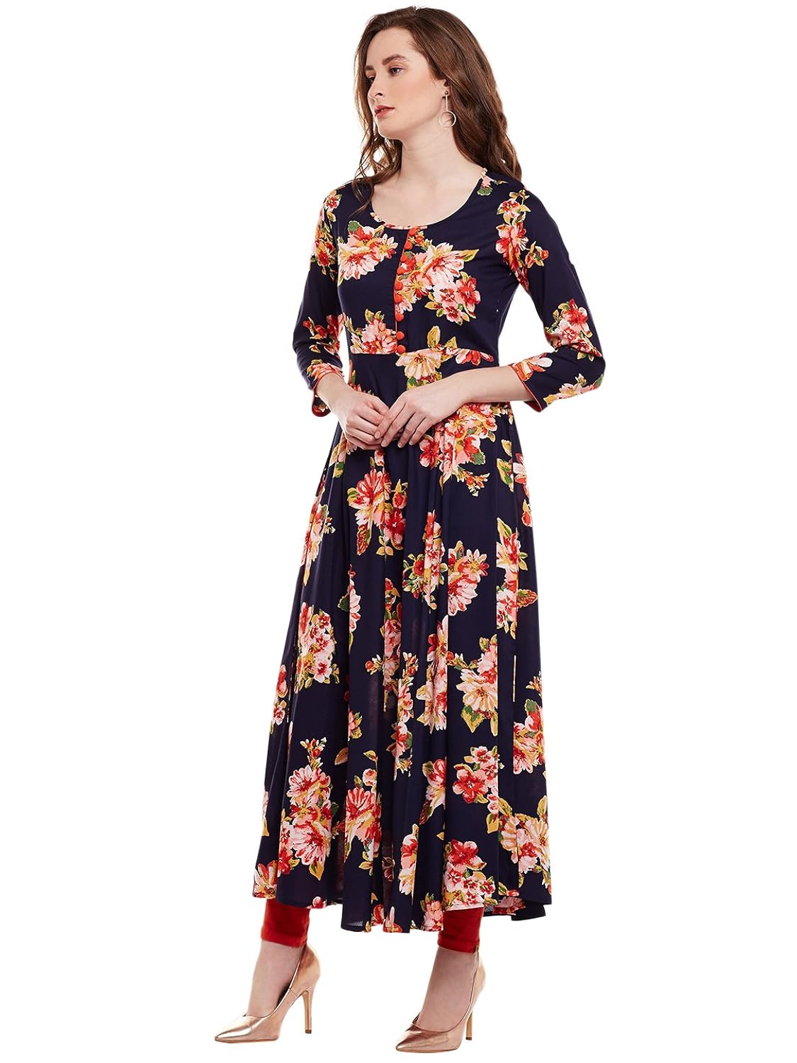 viscose floral printed flared kurta with buttons