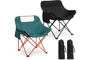 Seeloowy 2 Pack Compact Camping Chairs Portable Folding for Outside with Carry Bag Lightweight Moon Chairs for Travel Picnic Hiking Beach Fishing, 600D Oxford, Supports 330lbs(Green, Black)
