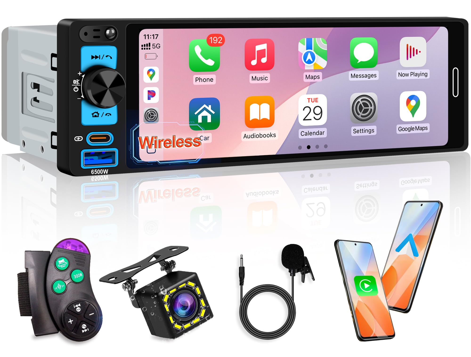 Photo 1 of 6.5” Single Din Car Stereo Receivers with Wireless Apple CarPlay, IPS Touchscreen 1280x452, Car Bluetooth 5.2, Car Radio FM AM, Backup Camera, USB Type-c Fast Charging, Android Auto, GPS Navigation