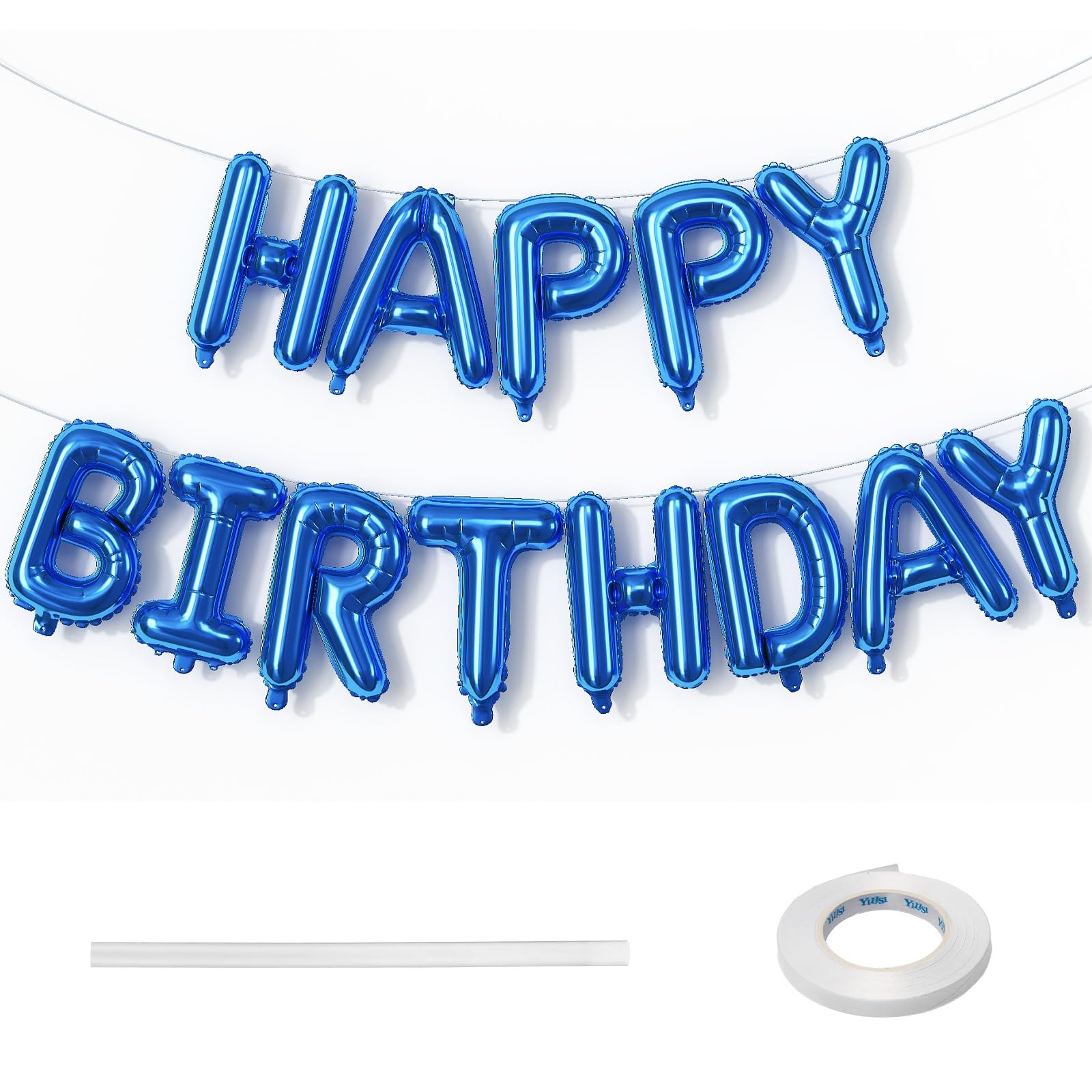 Lingqiang Happy Birthday Balloon Banner, Blue Self Inflating Foil Bunting, 16 Inch Reusable Letter Balloons with Ribbon for Men Birthday Party Decorations Supplies โ image 1
