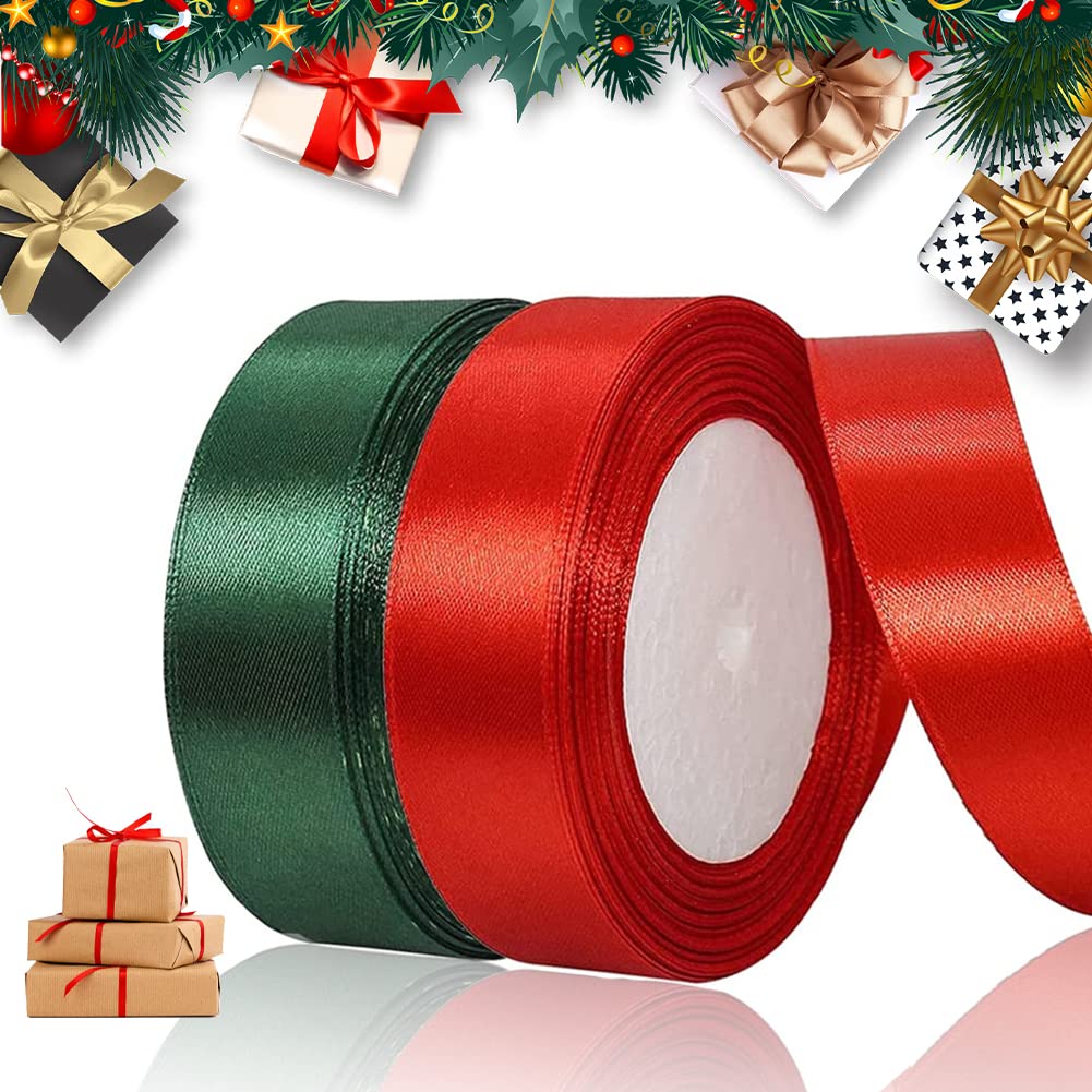 BUENTYA 2 Rolls Satin Ribbon - 25mm Red and Green Christmas Ribbon for Gift Wrapping, Crafting, Xmas Tree, Valentine's Day (25 mm x 25 Yards)