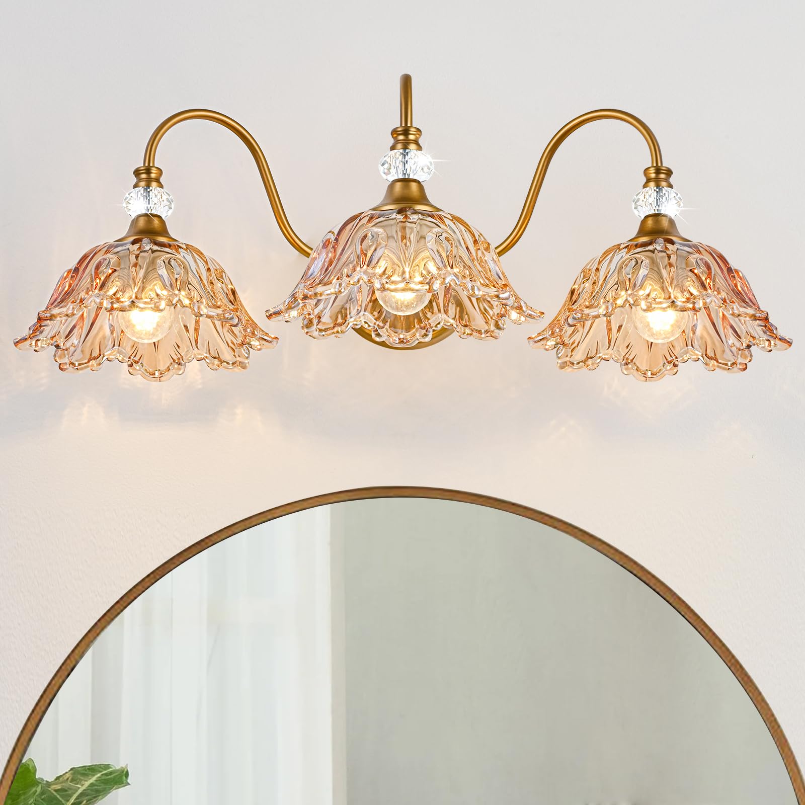 Photo 1 of sunkryster Vintage Bathroom Vanity Light, 3-Light Matte Brass Finish Vanity Light with Flower-Shaped Amber Glass Shades, Retro Wall Sconce for Bathroom, Dressing Table