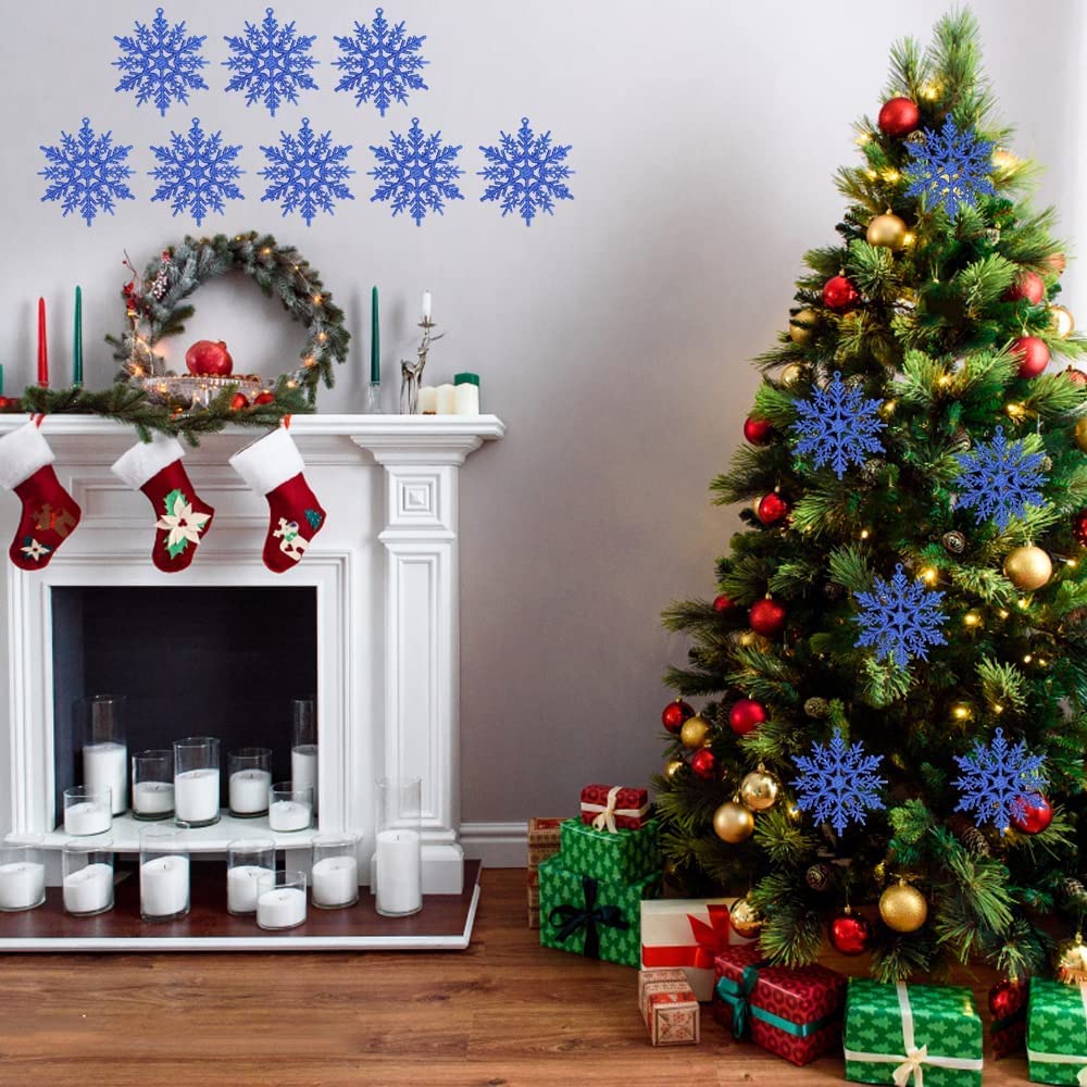 LYTIVAGEN 12 PCS Christmas Glitter Snowflakes with Golden String Blue Snowflake Ornaments Plastic Snowflake Decorations Glitter Snowflakes Ornament Hanging Snowflake for Winter Christmas Decoration