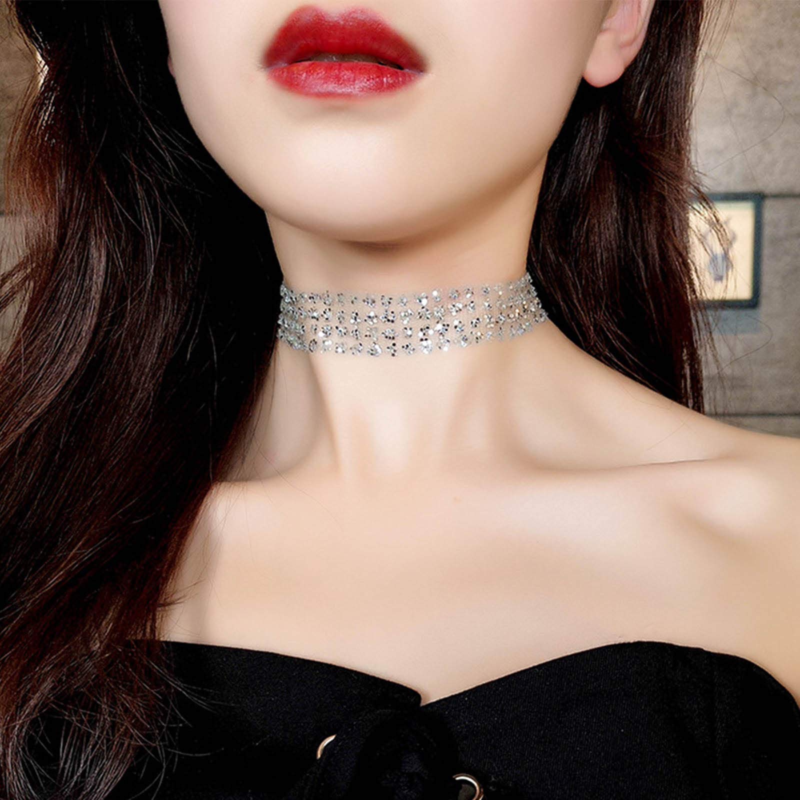 TseenYi Shining Wide Necklace Chain Silver CZ Glitter Lace Choker Necklace Adjustable Boho Clavicle Chain Necklaces Jewelry for Women and Girls (Silver)