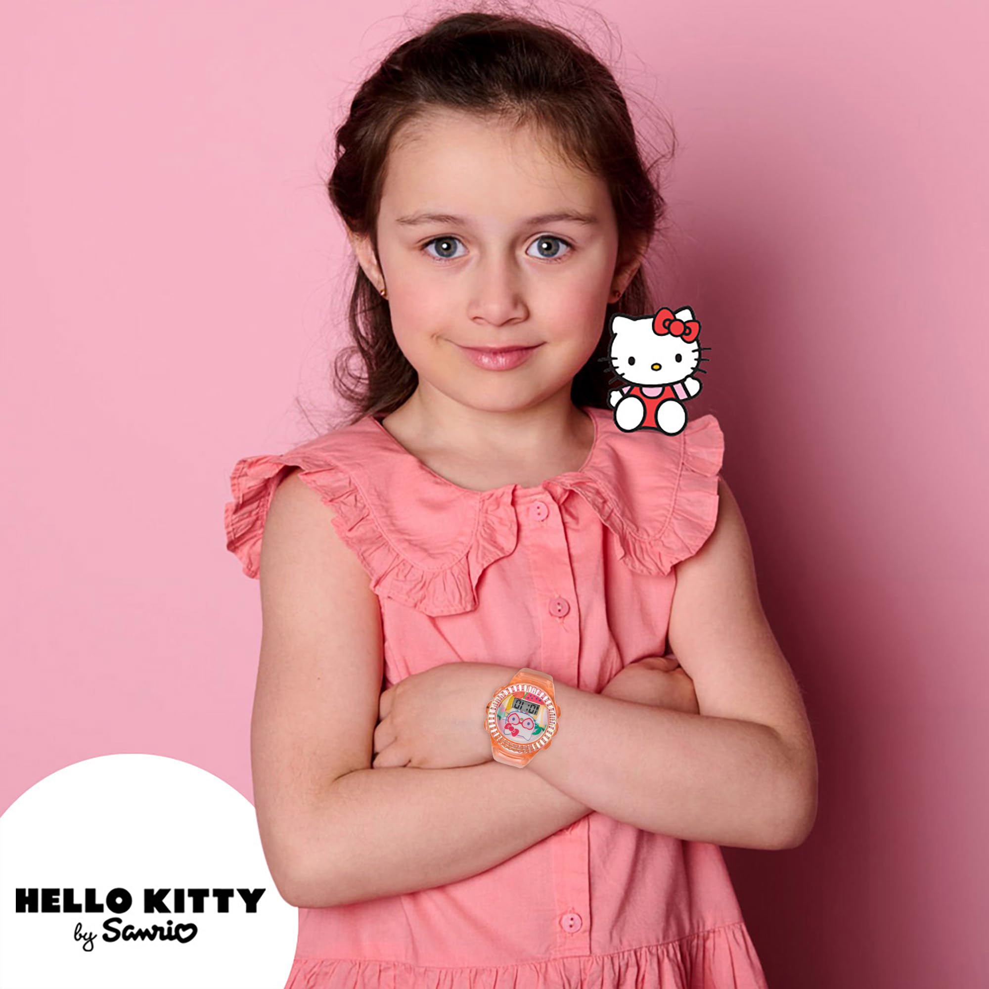 Accutime Sanrio Hello Kitty Kids LCD Watch – Pink Glitter Strap, Transparent Case, Iridescent Bezel, Digital Display, Cute Floral Printed Dial, Adjustable Fit, Perfect for Girls – Fits Wrists 5.5” to 8”
