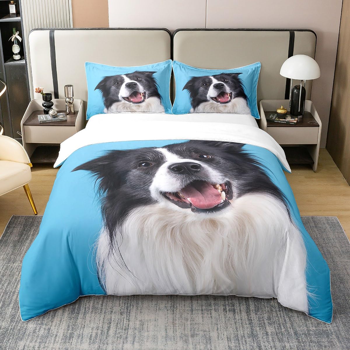 3D Dog Bedding 100% Cotton Set Cute Border Collie Printed 100% Cotton Duvet Cover Single Size Puppy Comforter Cover for Kids Boys Girls Animal Theme Bedspread Cover Bedroom Collection 2Pcs