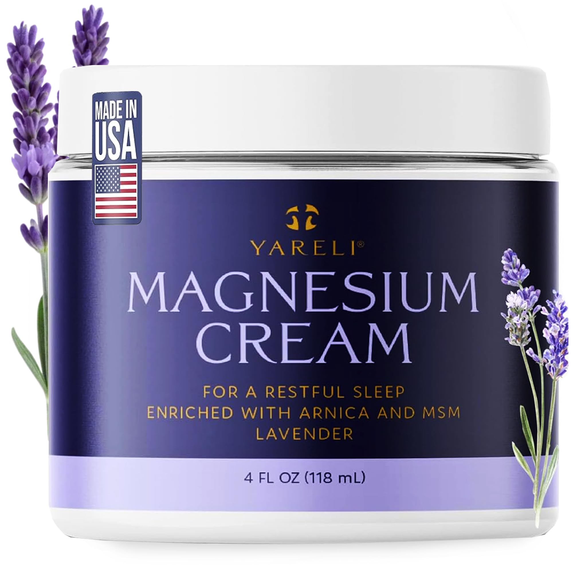 YARELI Magnesium Cream for Pain & Sleep Support - Topical Lotion with Arnica, MSM for Leg Cramps, Muscle Tension, Evening Leg Relaxation - Safe for Adults (4 Fl Oz (Pack of 1), Lavender)