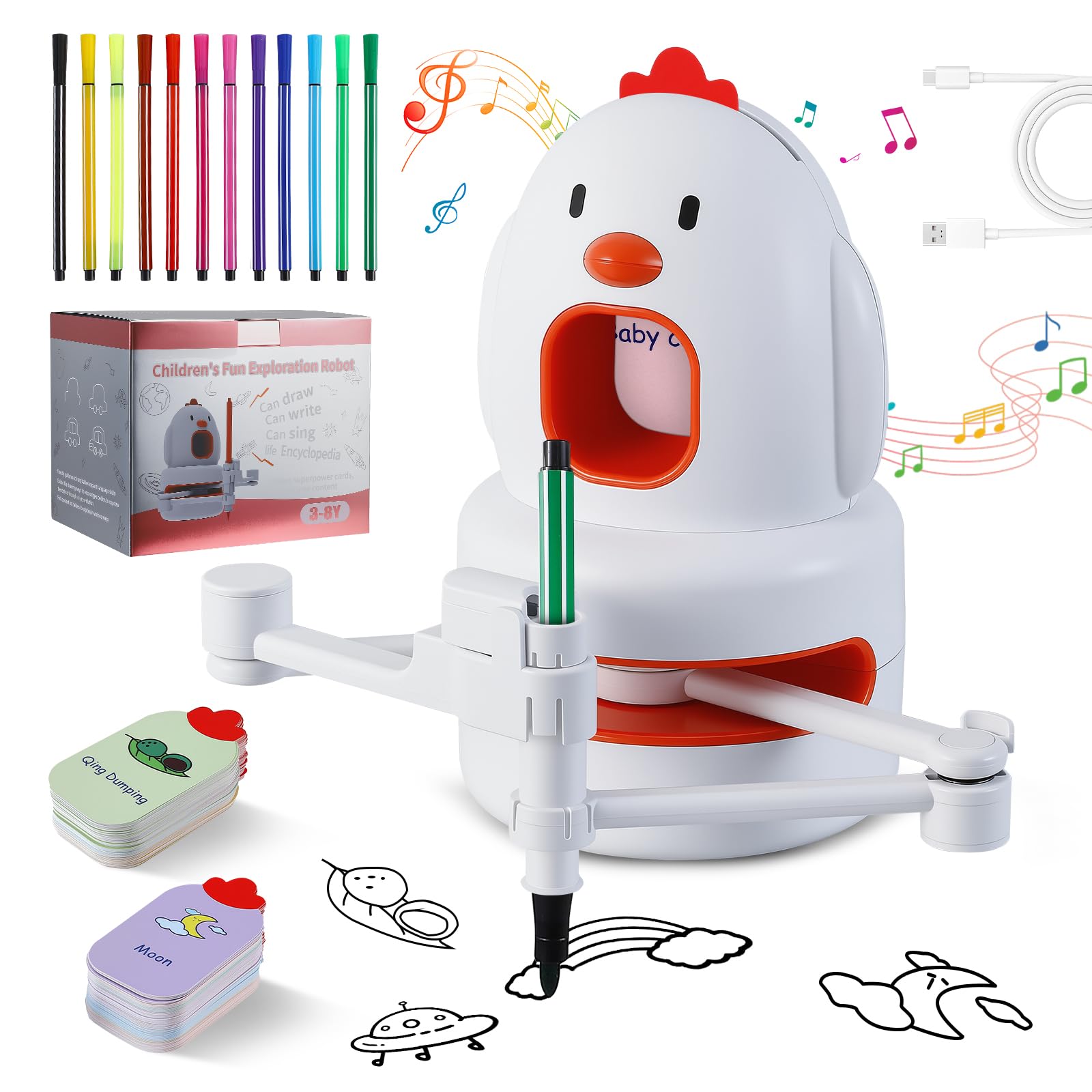 Crlvlyn Drawing Robot for Kids with 130 Learning Word Cards, Educational Painting Toy Interactive Learning Companion with Voice and Music Interaction, Automatic Drawing for Boys Girls