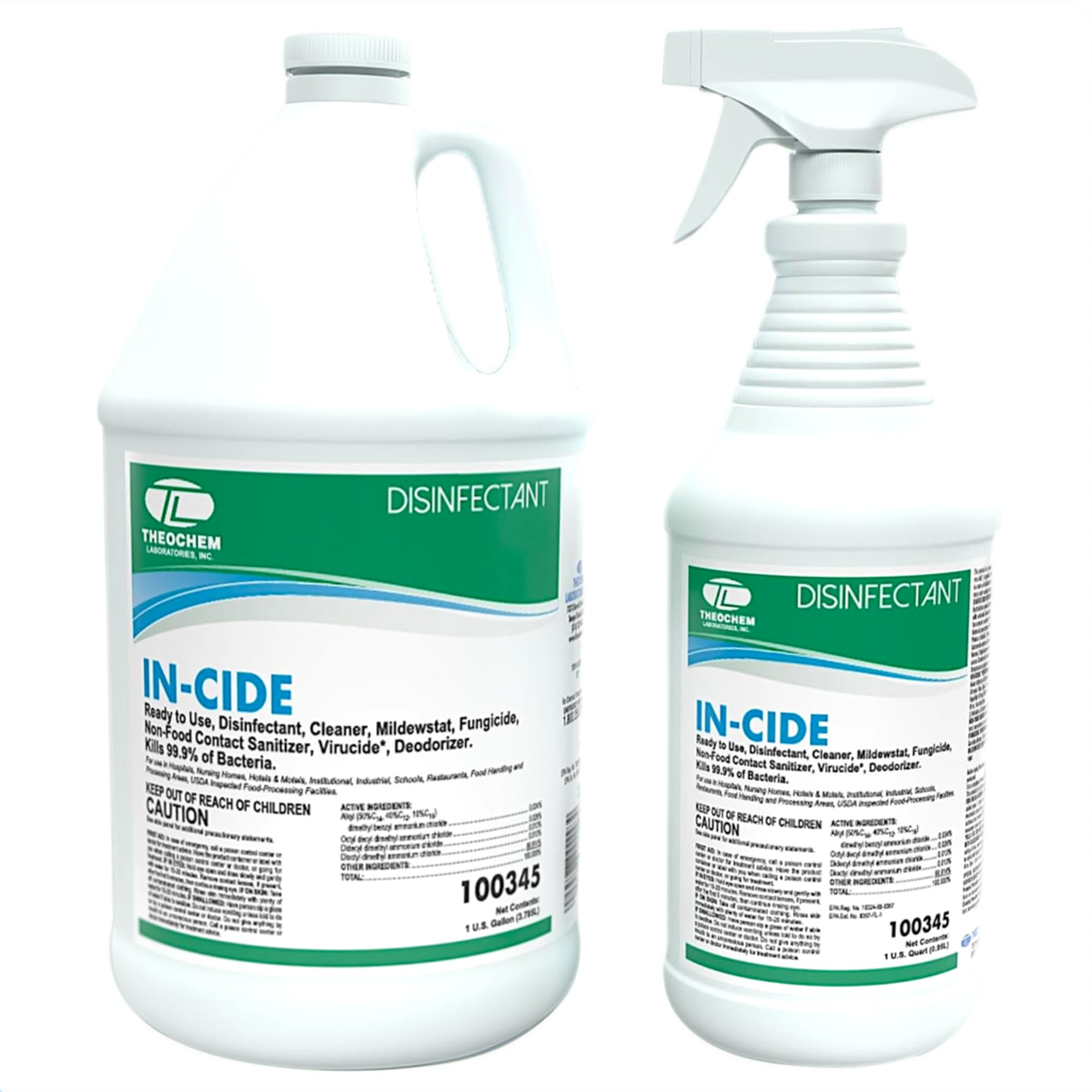 Photo 1 of Theochem In-Cide Hospital Grade Disinfectant Spray - EPA Registered Cleaner Kills 99.9% MRSA, Norovirus - Medical Grade for Home Office Clinic - Fresh Scent - 1 Gallon + 32oz Bundle