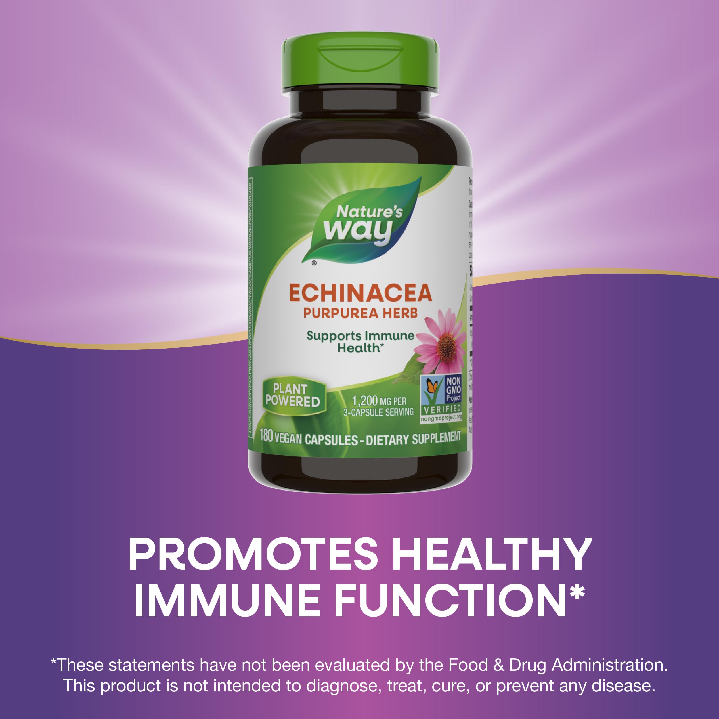 Nature's Way Echinacea Purpurea Herb, Immune Support Supplement*, 1200 mg per 3-capsule serving, Non-GMO Project Verified, Vegan, 180 Capsules