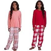 US Angels Girl's Pajama Sets, 4-Piece Pajamas for Girls - Long Sleeve Shirt, Plaid Microfleece Pants