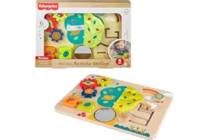 Fisher-Price Wood Baby Toy Activity Station, Wooden Busy Board for Sensory & Fine Motor Development Play for Infants Ages 6+ 