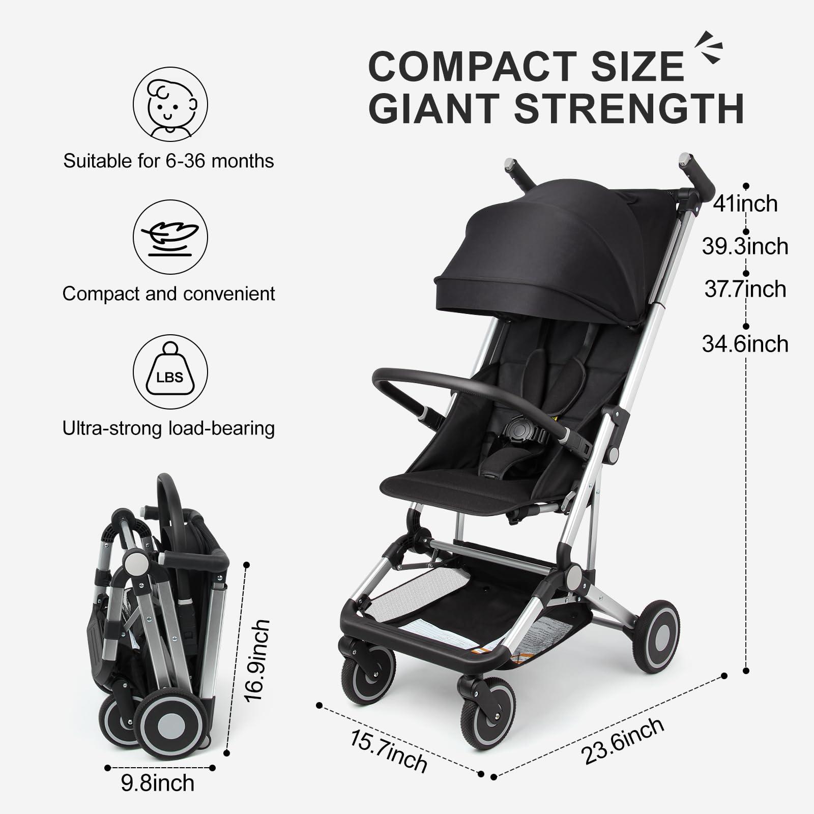Travel Stroller for Airplane Ultra Compact Umbrella Stroller One-Handed Folding Design Overhead Friendly Lightweight Aluminum Alloy Frame