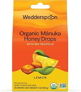 Wedderspoon Organic Manuka Honey Drops, Lemon & Bee Propolis, 20 Count | USDA Organic | Genuine New Zealand Honey, Natural Re