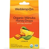 Wedderspoon Organic Manuka Honey Drops, Lemon &amp; Bee Propolis, 20 Count | USDA Organic, Genuine New Zealand Honey, Natural Remedy for Dry Throat