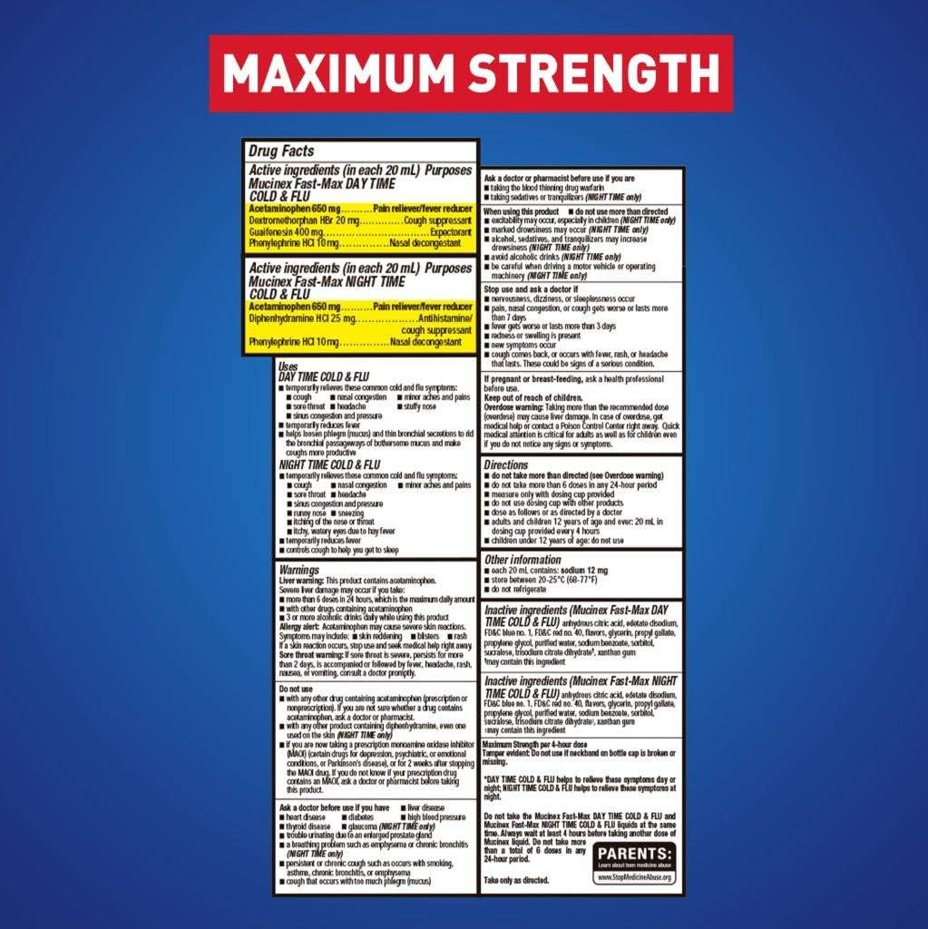 Mucinex Fast-Max Day Time Cold & Flu and Night Time Cold & Flu Liquid Medicine, 12 fl oz, Maximum Strength All in One Multi Symptom Relief for Congestion, Sore Throat, Headache,Cough and Reduces Fever: Health & Personal Care