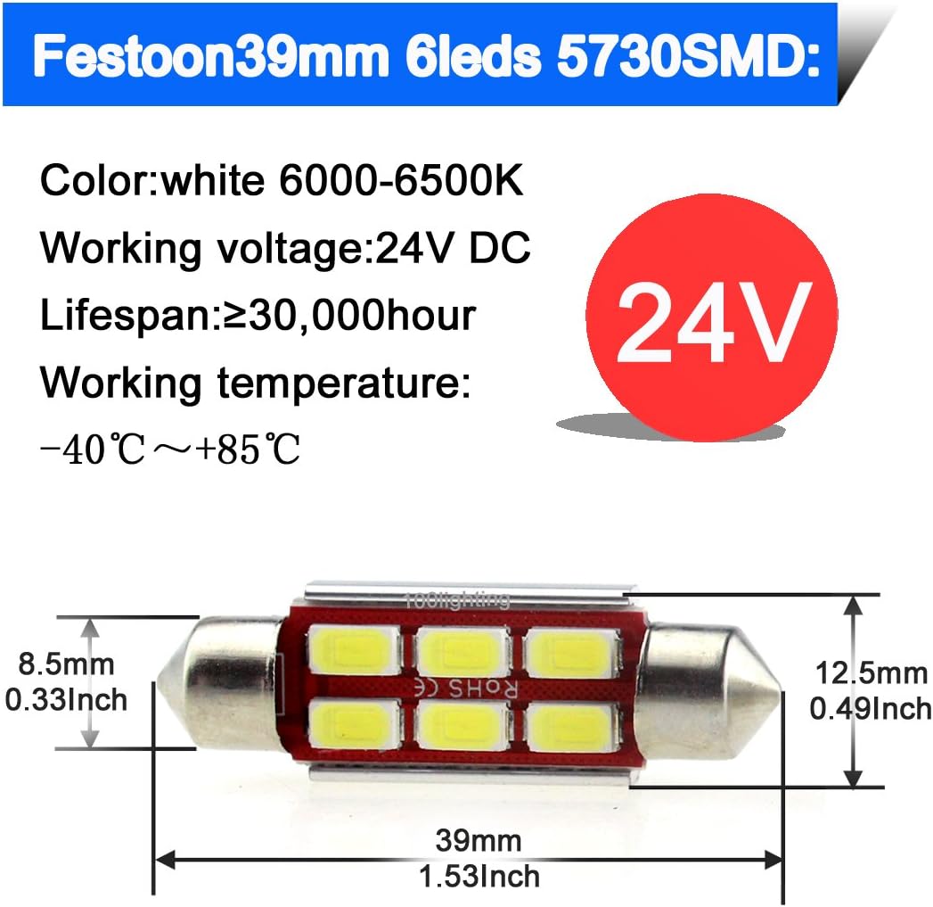 Extremely Bright 200LM 24V C5W Festoon LED Car Bulbs 39mm for Dome Interior License Plate Reading Trunk Light Bulbs 6 SMD 5730 CANBUS No Error Pure White (Pack of 10)