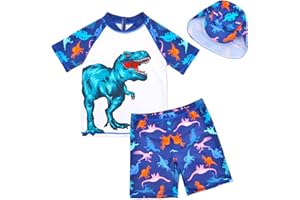 PAMAID Boys Two Piece Rash Guard Swimsuits Kids Short Sleeve Swimwear Sets Bathing Suit with Sun Hat for 2-6 Years