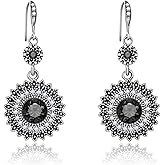 AILUOR Vintage Round Blue Sapphire Sunflowers Dangle Earrings, Women's Unique Retro Colorful Ethnic Bohemian Earrings Jewelry for Women