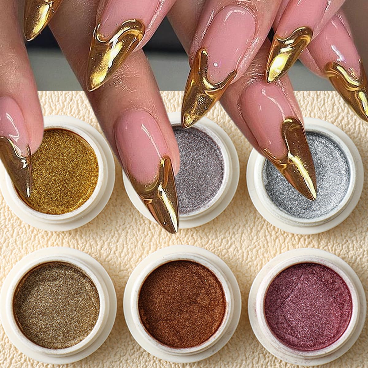 Photo 1 of 6PCS Chrome Nail Powder Metallic Mirror Pigment Glitter Effect Holographic Powder for Nails, Rose Gold Silver Champagne Rubbing DIY Dust for Nail Designs Decoration Supplies