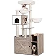 Hey-brother Cat Tree with Litter Box Enclosure, Modern Cat Tower for Indoor Cats with Large Platform, Condo Food Station and 2 Hammocks, All-in-one Cat Furniture, Wood Rustic Gray MPJ115SG