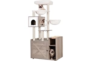 Hey-brother Cat Tree with Litter Box Enclosure, Modern Cat Tower for Indoor Cats with Large Platform, Condo Food Station and 2 Hammocks, All-in-one Cat Furniture, Wood Rustic Gray MPJ115SG